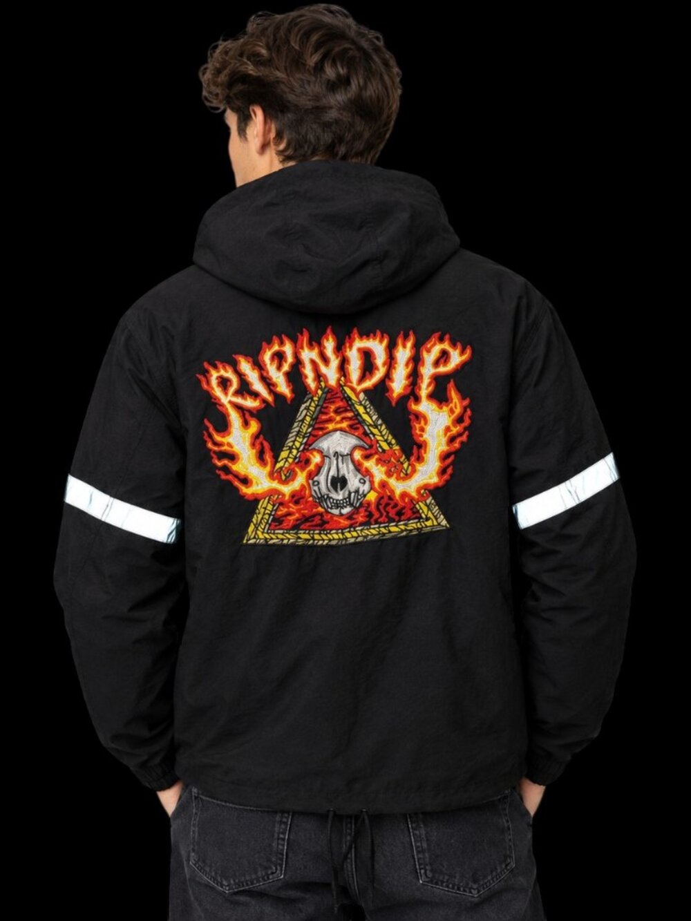 Ripndip Small Black Inferno Flame Skull Full Zip Hood Cotton Fisherman Jacket S
